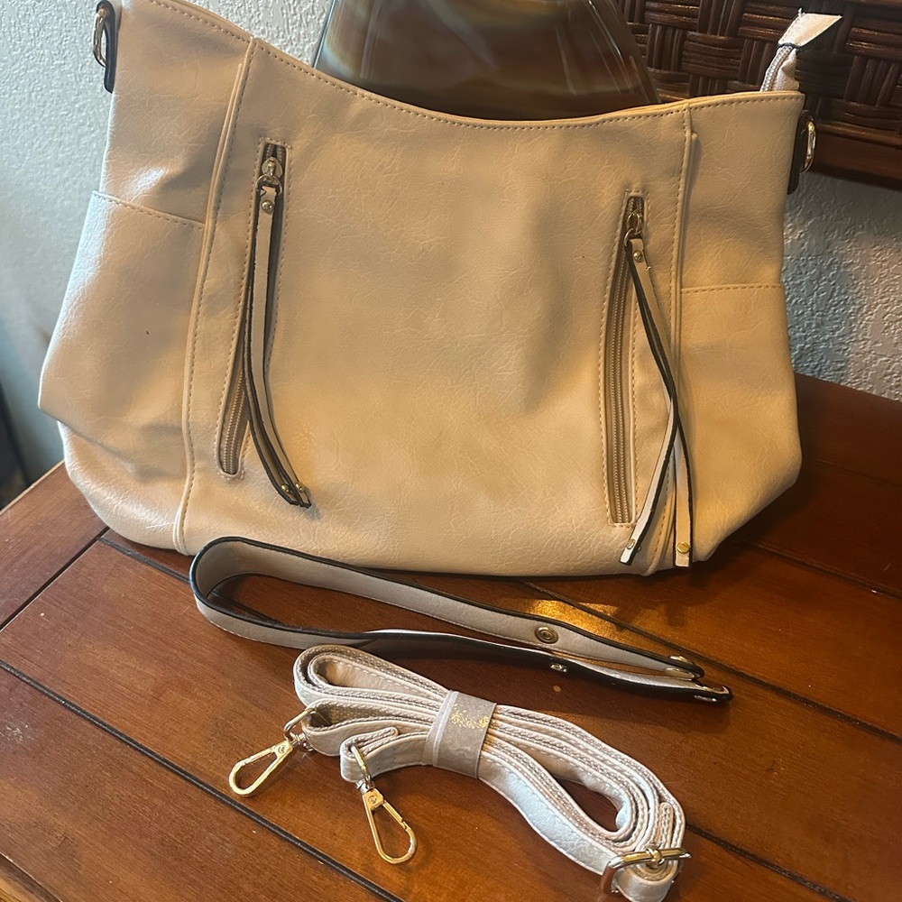 Cream Convertible Shoulder & Crossbody Bag with Dual Zip Pockets